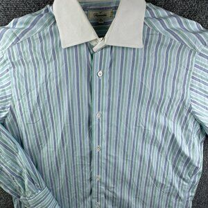 Faconnable USA Made Button Up Shirt Green Blue Striped Cotton Size 3 (15.5R)
